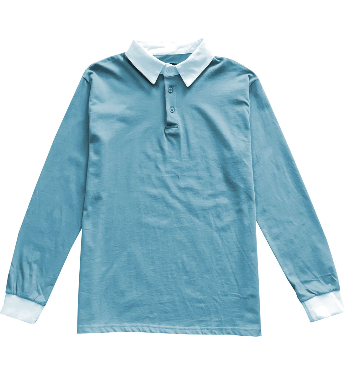 Solid Light Blue with White Collar Mens Long Sleeve Polo Rugby Shirt